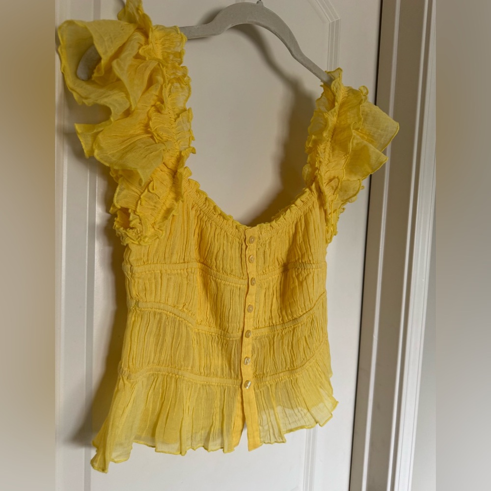Free People Yellow Ruffle Sleeve Button-Front Blouse